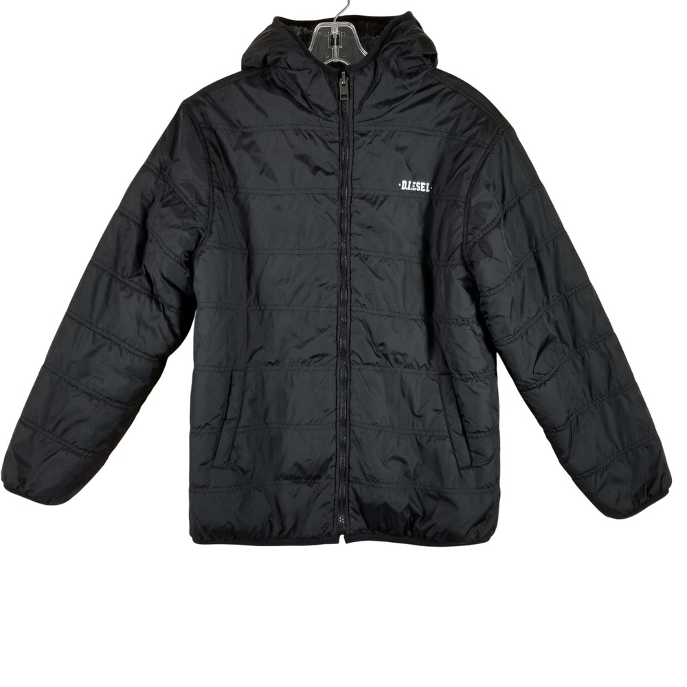 Diesel Kids Reversible Puffer Sherpa Jacket Black Grey Hooded Full Zip 14/16